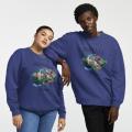 Two models wearing matching blue sweatshirts with an "Austria" and Hallstatt graphic design.