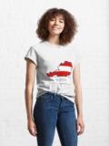 Woman wearing an Austrian flag T-shirt.