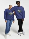 Two models wearing matching blue sweatshirts with an "Austria" and Hallstatt graphic design.