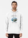 Male model wearing a white Hallstatt-themed hoodie, front view