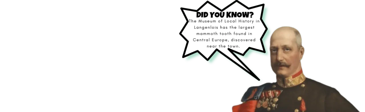 An image featuring a historical figure with a speech bubble that shares a fact about the largest mammoth tooth found in Central Europe, which is housed in the Museum of Local History in Langenlois.