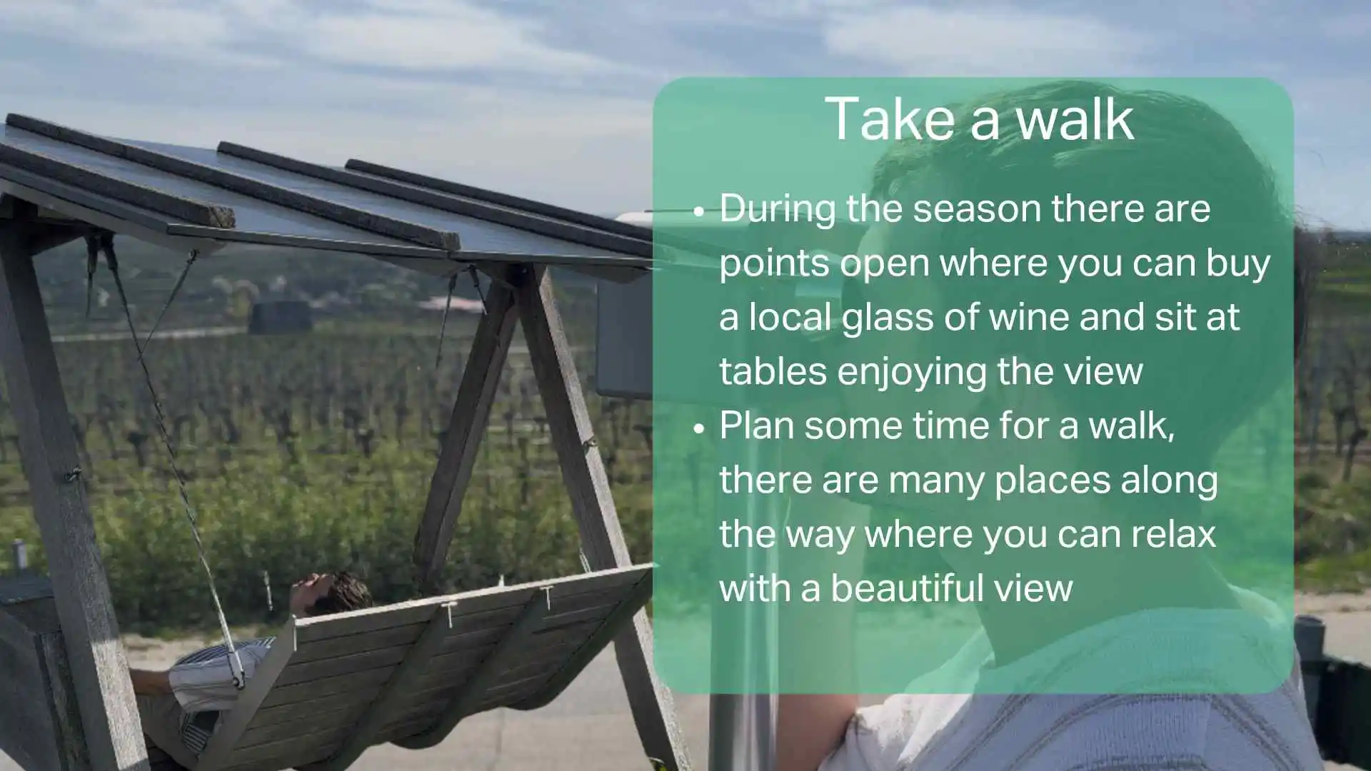 A person relaxing on a wooden swing overlooking vineyards in Langenlois, Austria, with text recommending a walk and wine tasting.