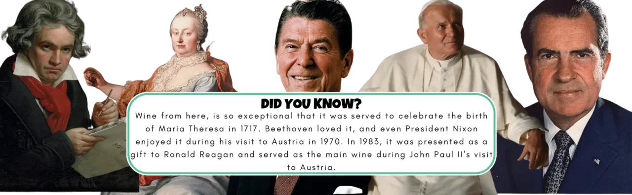 Prominent figures like Beethoven, Maria Theresa, Ronald Reagan, Pope John Paul II, and Richard Nixon with text highlighting the exceptional quality of wine from a specific region in Austria.