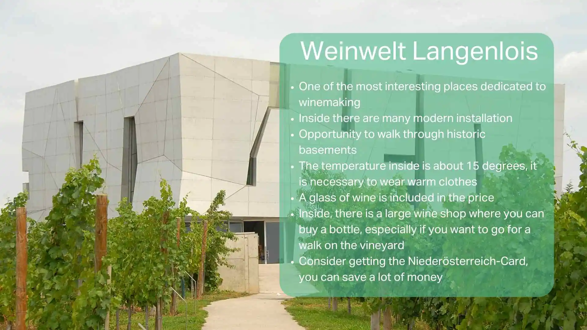 A modern building surrounded by vineyards in Langenlois, Austria, with text describing the highlights of the Weinwelt Langenlois.