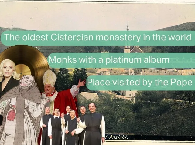 Image showcasing Heiligenkreuz Monastery, the world's oldest Cistercian monastery, visited by the Pope, and home to monks with a platinum album.