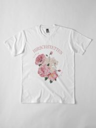 White T-shirt featuring a floral design with the word "Hirschstetten."