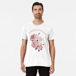 Man wearing a white T-shirt with pink floral design and the word "Hirschstetten."