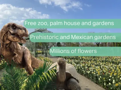 Dinosaur and tortoise in a garden with text overlays describing features of the location.