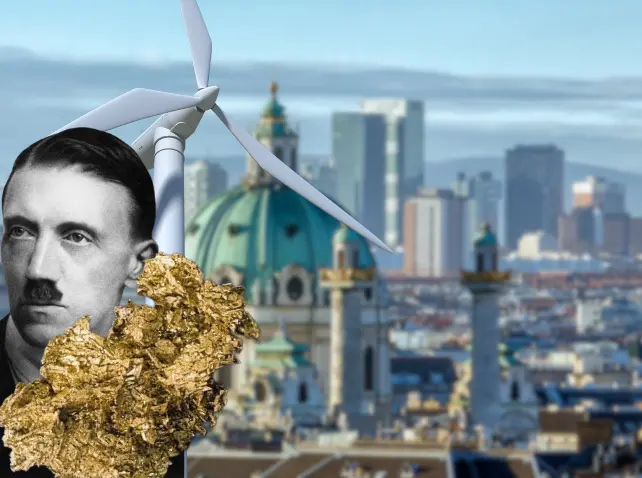 Adolf Hitler, Wind Turbine, and Gold Nugget with Vienna Skyline