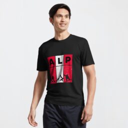 Man wearing a black T-shirt with "ALP" design.