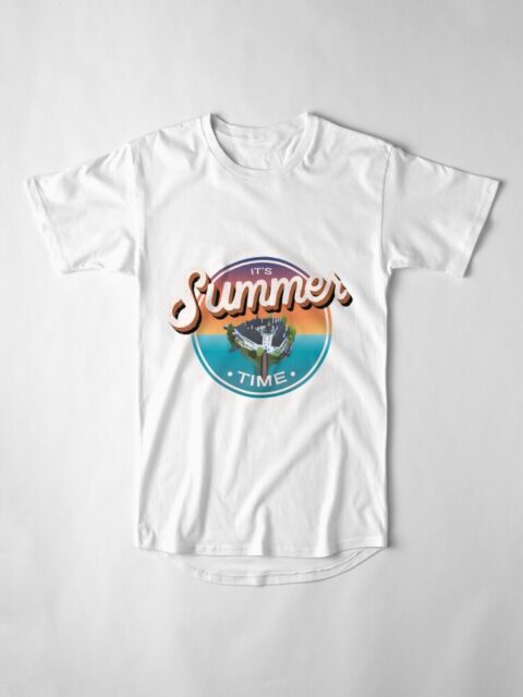 White T-shirt with a "It's Summer Time" graphic on a flat lay.