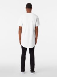 Model wearing a white T-shirt and black pants, viewed from the back.