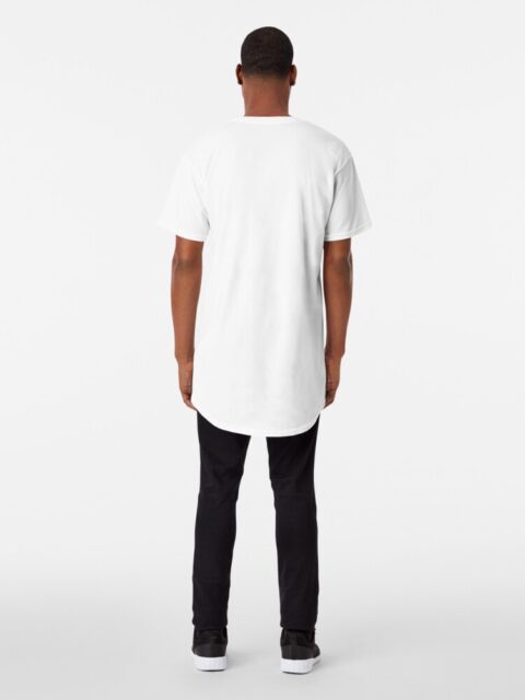 Model wearing a white T-shirt and black pants, viewed from the back.