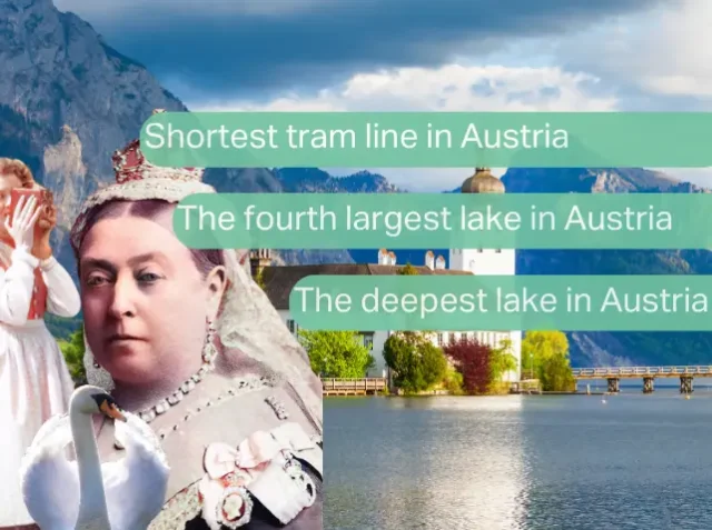 A collage featuring Queen Victoria, the Traunsee lake, and a swan, with text overlay listing notable features of Gmunden.