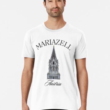 Man wearing a Mariazell Austria T-Shirt with iconic basilica design