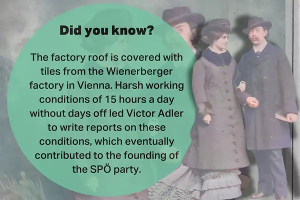 Historical image of workers in Vienna with informative text about Wienerberger factory conditions