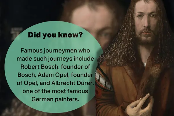 Portrait of Albrecht Dürer with informative text about famous journeymen