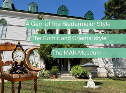 An image showcasing the Geymüllerschlössel, emphasizing its Biedermeier, Gothic, and Oriental styles, and its connection to the MAK Museum.