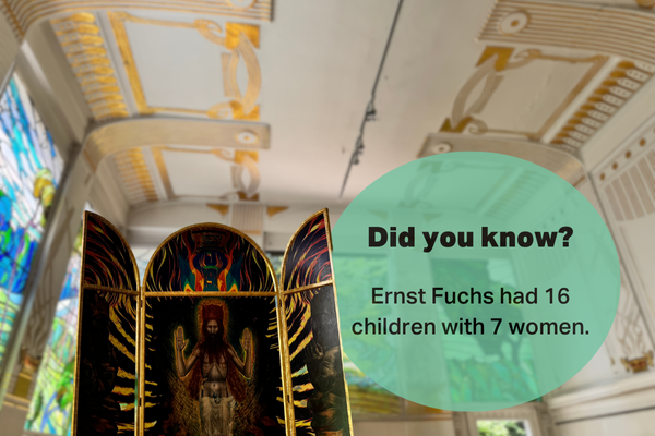 An artwork inside the Otto Wagner Villa with ornate ceiling designs and stained glass windows in the background, accompanied by a fact about Ernst Fuchs, who had 16 children with 7 women.