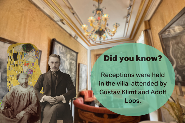 A historical collage featuring Gustav Klimt and Adolf Loos inside the Otto Wagner Villa, with a fact about receptions held at the villa attended by these famous figures.