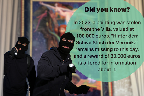 Two masked thieves in front of a blurred painting, with text detailing the 2023 theft of the painting "Hinter dem Schweißtuch der Veronika" from the Otto Wagner Villa, valued at 100,000 euros, and the ongoing search with a 30,000 euro reward for information.