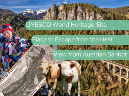 A collage featuring the Semmering landscape, a skier, cows, and the 20 Schilling banknote, with text highlighting Semmering as a UNESCO World Heritage Site, a place to escape the heat, and a view from an Austrian banknote.