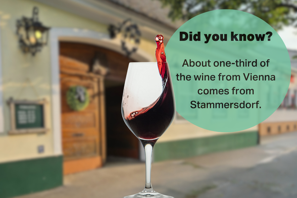 A glass of red wine with a splash, set against the backdrop of a traditional building in Stammersdorf, emphasizing that about one-third of the wine produced in Vienna comes from Stammersdorf.