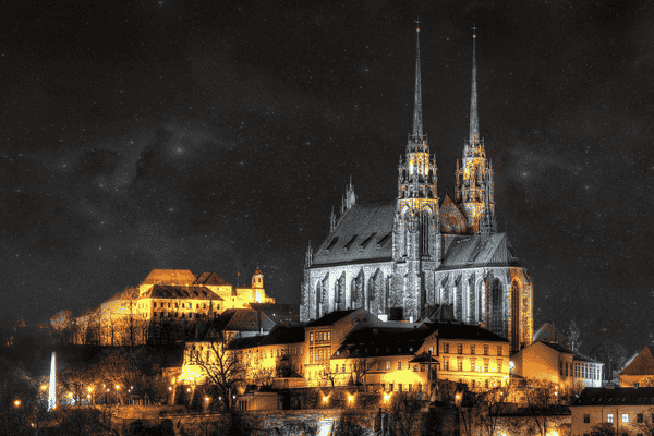 Night view of the illuminated Cathedral of St. Peter and Paul in Brno.