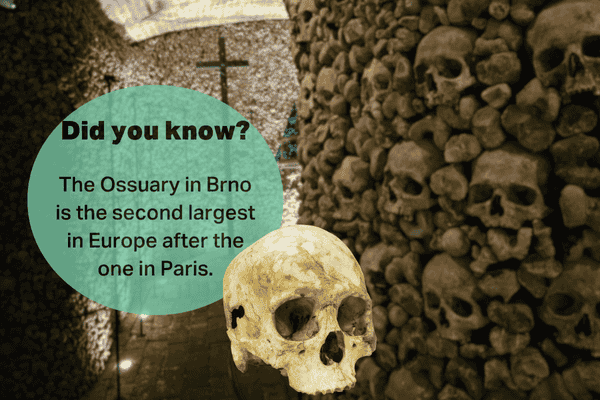 The Ossuary in Brno, the second largest in Europe, with a skull in the foreground.