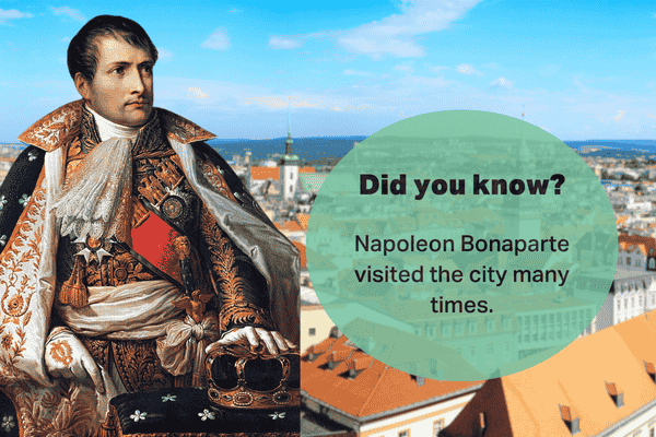 Portrait of Napoleon Bonaparte with a view of Brno city in the background.