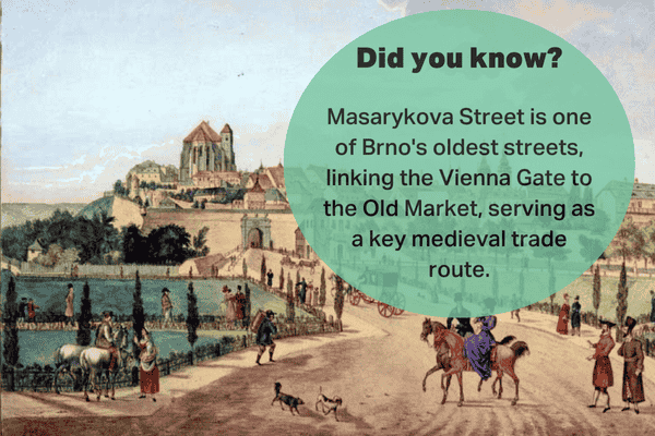 A historical illustration of Masarykova Street in Brno, an important medieval trade route.