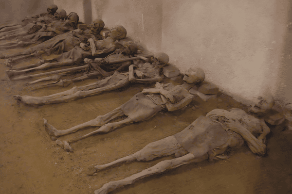 Mummified bodies in the Capuchin Crypt in Brno, preserved naturally over centuries.