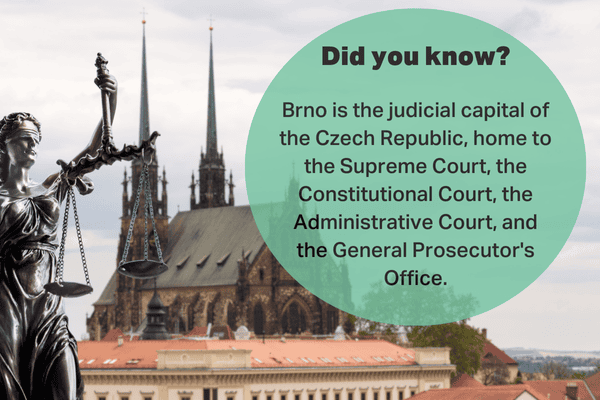 Lady Justice statue with the Cathedral of St. Peter and Paul in Brno, the judicial capital of the Czech Republic, in the background.