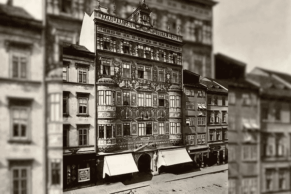 Historical photo of the House of the Lords of Lipá (Dům pánů z Lipé) in Brno, showcasing its Renaissance façade.