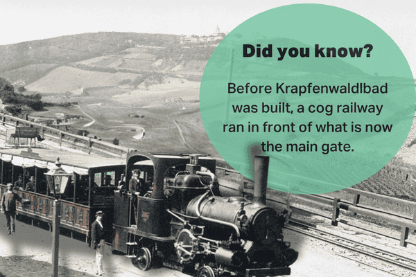 A historical image showing an old cog railway train running in front of what is now the main gate of Krapfenwaldbad, in Vienna. The text explains the historical significance of the site before the swimming pool was built.