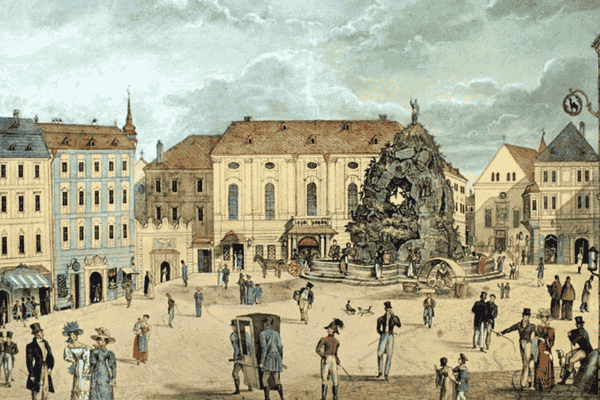 Historical illustration of the Zelný trh (Cabbage Market) in Brno with the Baroque Parnas fountain.