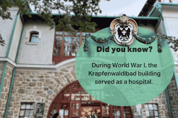 A historical image of Krapfenwaldbad building during World War I, featuring the building's entrance and a badge above. The text explains that the building once served as a hospital during the war.