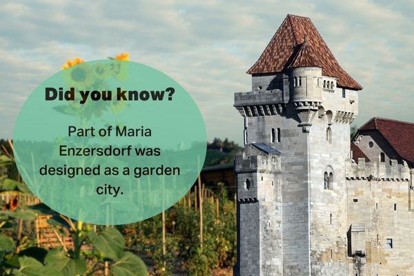 View of a tower in Maria Enzersdorf, designed as a garden city near Vienna, Austria.