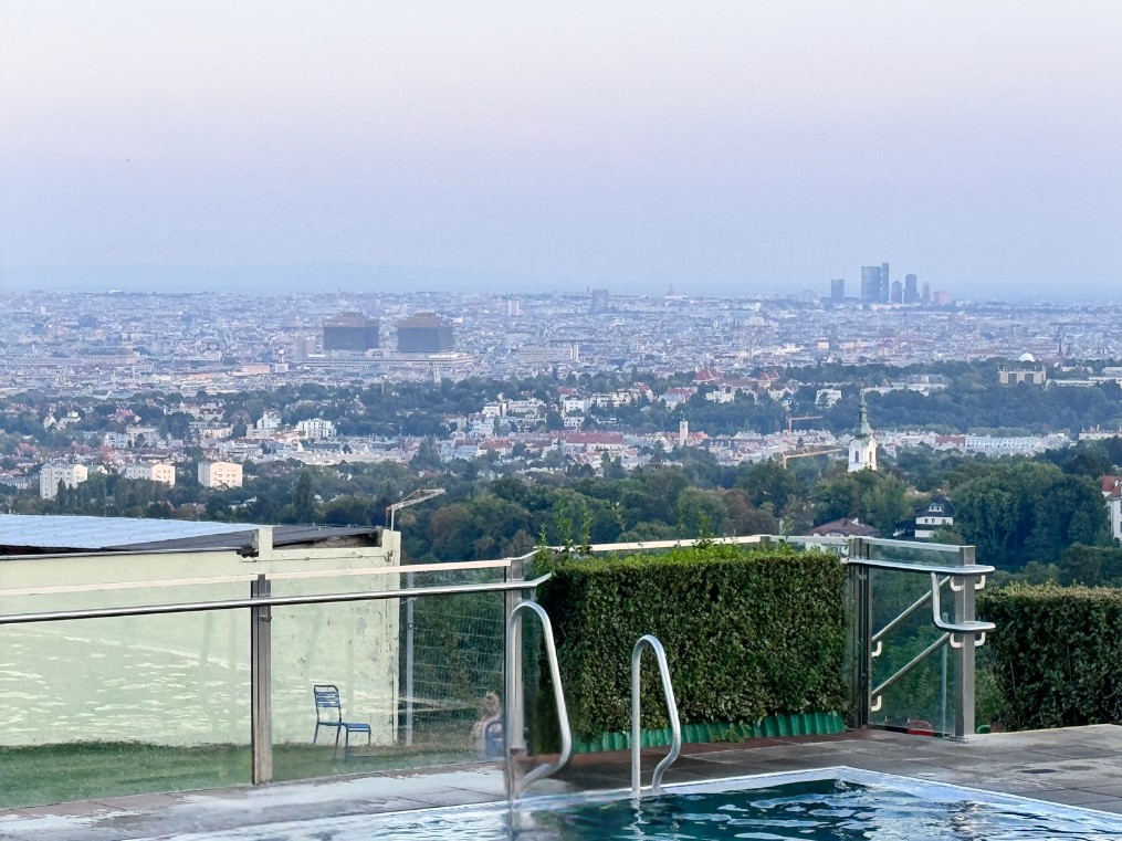 View of Vienna from the pool at Krapfenwaldbad, showcasing the cityscape and skyline in the distance from the elevated location.