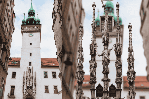 The Old Town Hall (Stará radnice) in Brno with its iconic spire and intricate Gothic details.