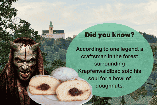 An informative image showcasing a legend from Krapfenwaldbad. It features a mythical devil figure, two doughnuts, and a view of the Vienna woods in the background. The text tells the legend of a craftsman who supposedly sold his soul to the devil for a bowl of doughnuts.