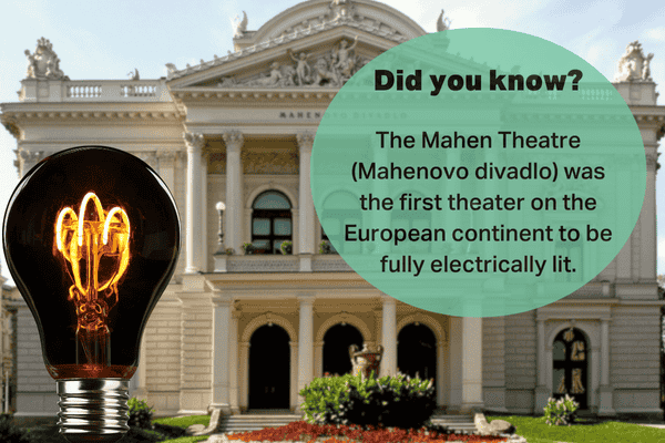 Mahen Theatre in Brno, the first theater in Europe fully lit by electricity, with an electric bulb in the foreground.