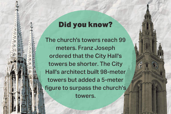 Votivkirche towers and Vienna City Hall, with a fact about the competition in height between their towers.