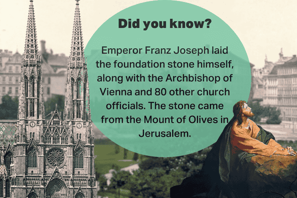 Votivkirche in Vienna with an illustration of Emperor Franz Joseph laying the foundation stone from the Mount of Olives in Jerusalem.