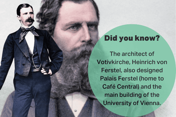 Heinrich von Ferstel, architect of the Votivkirche, with a fact about his role in designing Palais Ferstel and the main building of the University of Vienna.