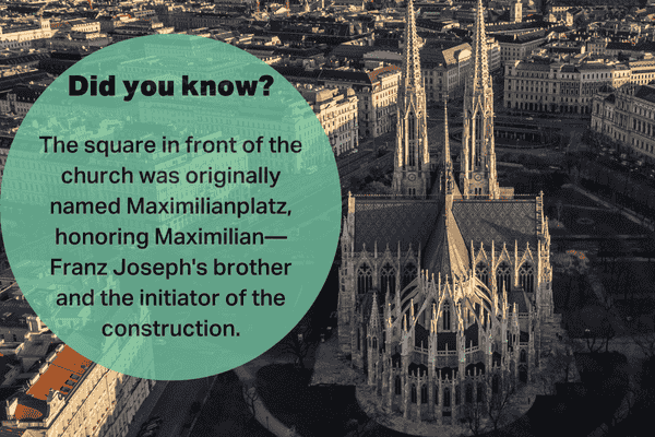 Aerial view of Votivkirche in Vienna with a historical fact about the square in front of it, originally named Maximilianplatz in honor of Franz Joseph’s brother, Maximilian.