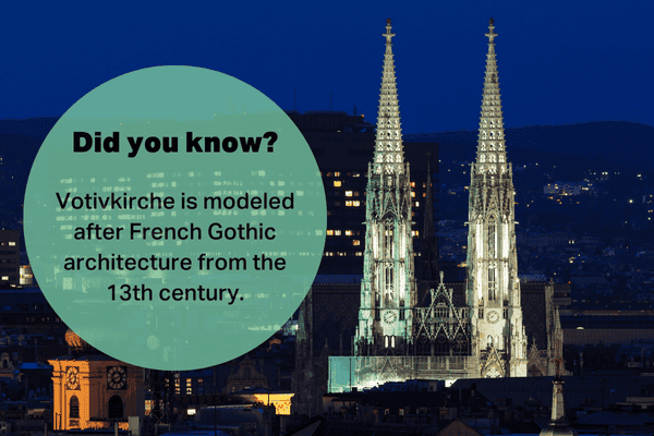 Votivkirche in Vienna at night, showcasing its French Gothic architectural style inspired by 13th-century designs.