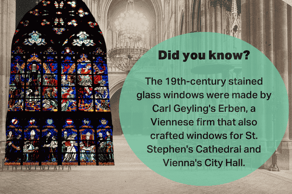 19th-century stained glass windows inside Votivkirche in Vienna, crafted by Carl Geyling's Erben, who also worked on St. Stephen's Cathedral and Vienna's City Hall.