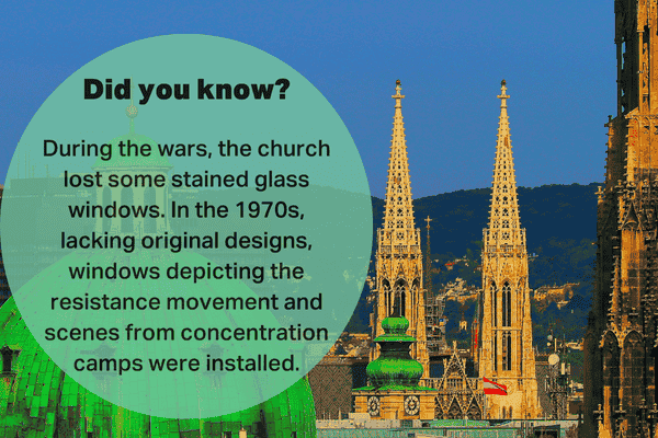 Votivkirche in Vienna with a fact about its stained glass windows depicting the resistance movement and concentration camps, installed after the wars.