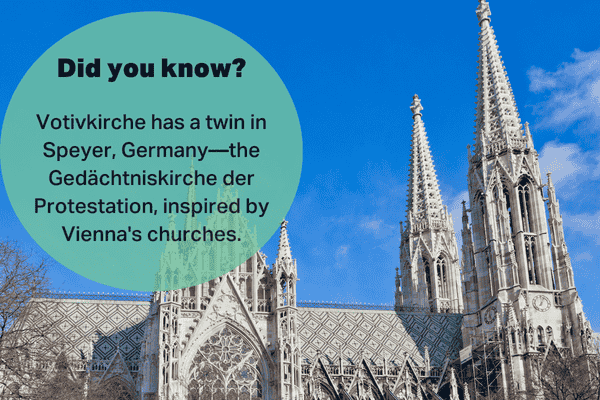 Votivkirche in Vienna with a fact about its twin church in Speyer, Germany, called the Gedächtniskirche der Protestation.